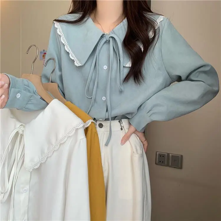 Shirt Early Autumn Women's New Style Long Sleeved Lace Up Design Sweet Age Reducing Fashionable Versatile To Match Clothes