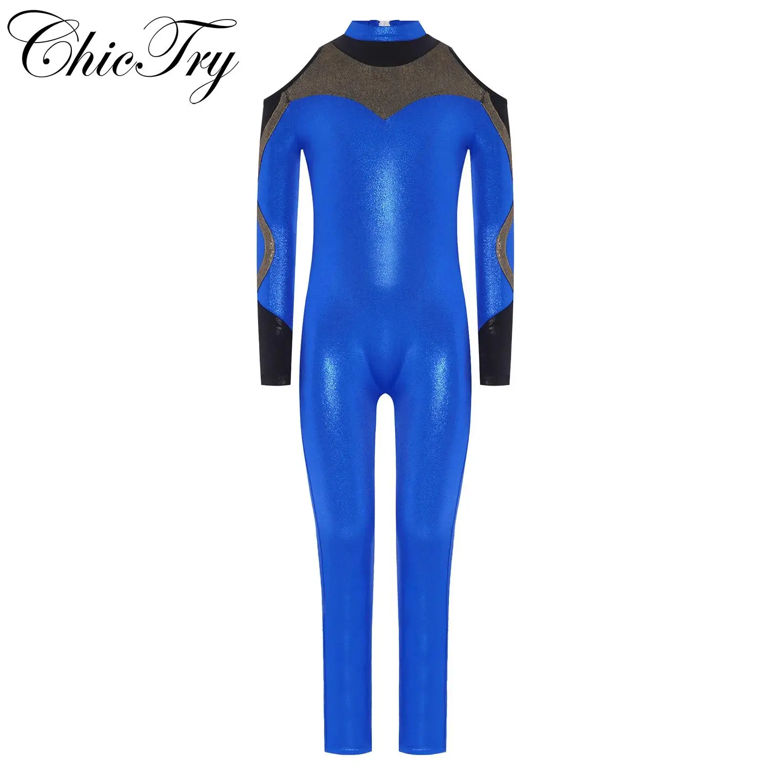 

Kids Girls Ballet Gymnastics Jumpsuit Sportswear Romper Metallic Long Sleeve Keyhole Back Bodysuit for Figure Skating Dancewear