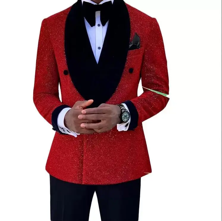 Trajes de lentejuelas Rojas brillantes para hombre, traje de novio, Blazer de boda, esmoquin Formal, pantalones de fiesta de negocios, chaqueta de abrigo, 3 piezas