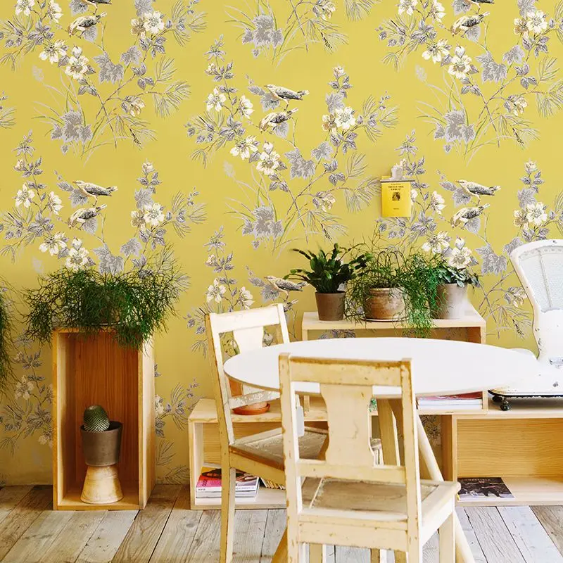 

American Rustic Wall Papers Home Decor Birds and Flower Non Woven Blue Pink Yellow Wallpaper Roll for Living Room Bedroom Walls