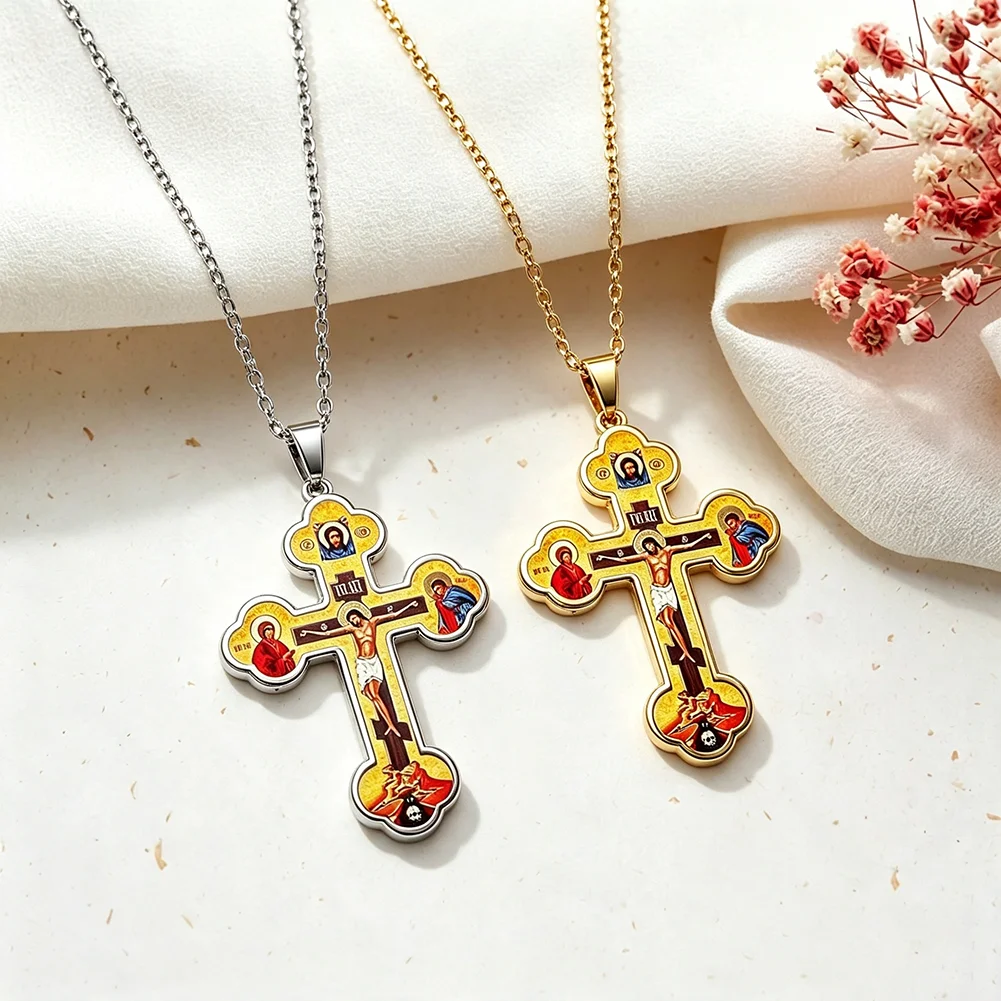 Orthodox Christian Icon Cross Pendant Necklace Byzantine Crucifix Jesus Virgin Mary Saint John Religious Jewelry Amulet Gifts