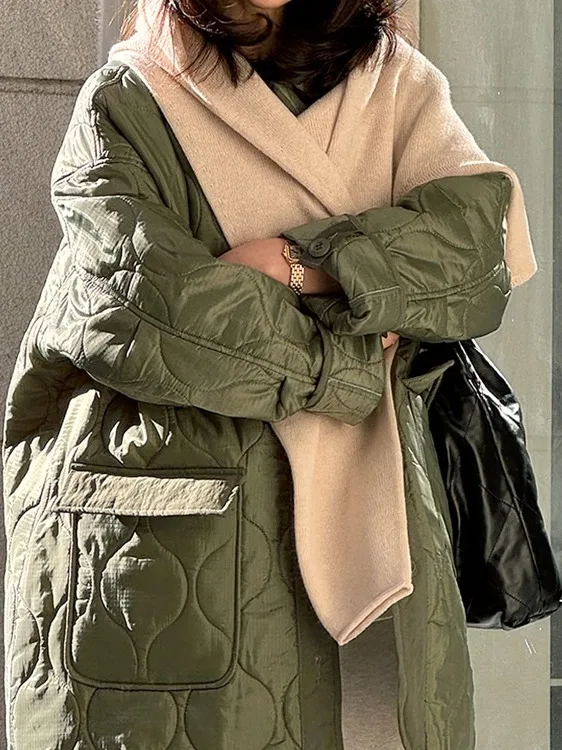 

Свободное корейское женское хлопковое пальто-джат с большими четышками, теплые слипоны средней длины, зимняя мода для поездок на работу, Thiened