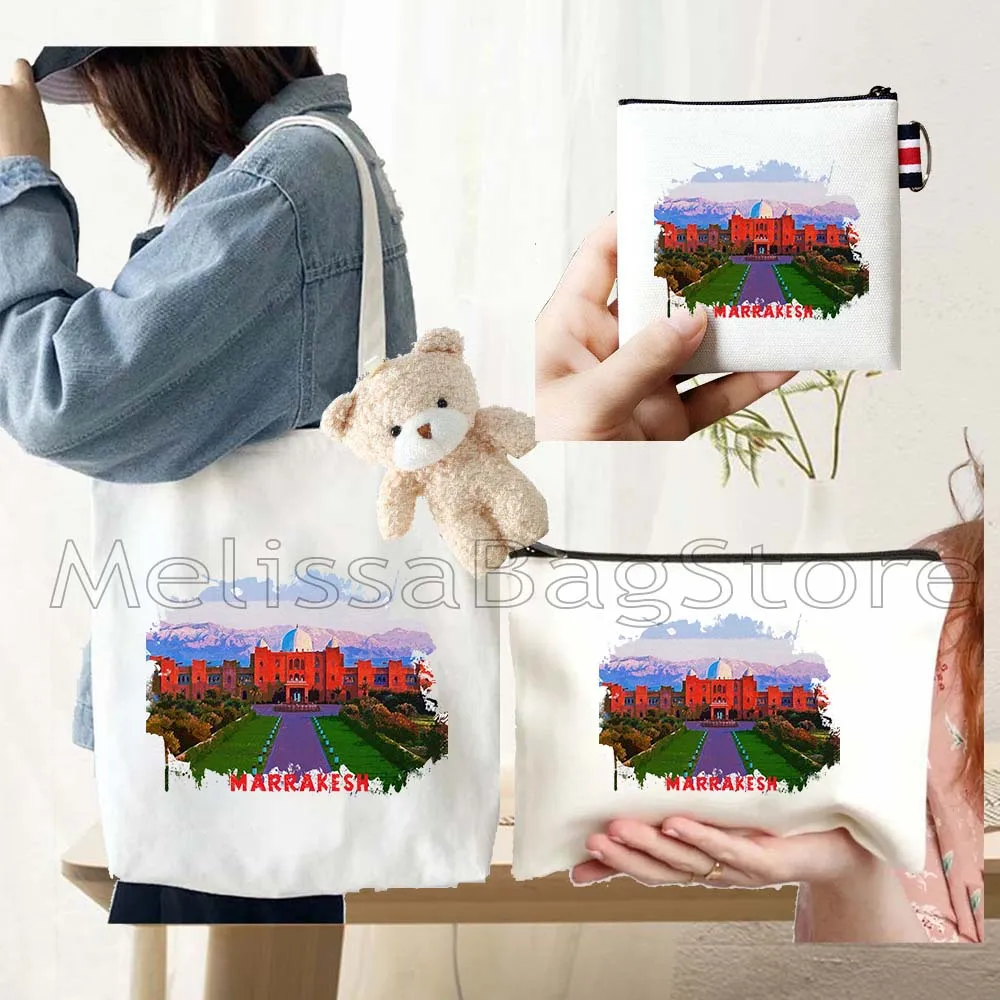 

4PCS Gifts Set Marrakesh Morocco White Canvas Tote Bag Handbag with Doll Key Coin Purse Cosmetic Makeup Toilet Bag Case Pouch