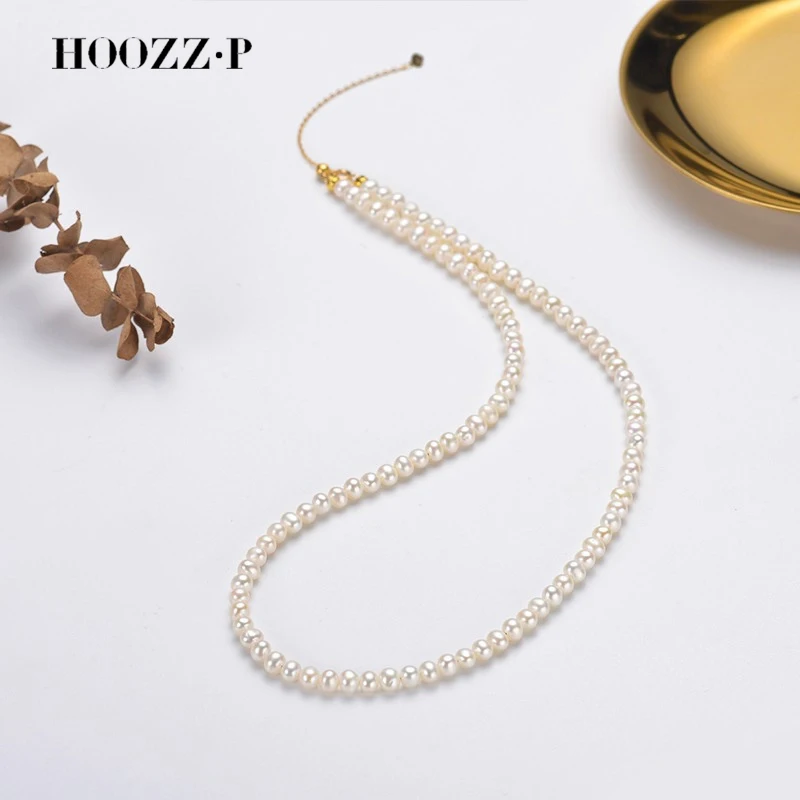 HOOZZ.P AA 3-4mm Baby Pearl Necklace Natural Freshwater Cultured Collocation Clothing Dress Ladieswear Mate Silver 14K Couture