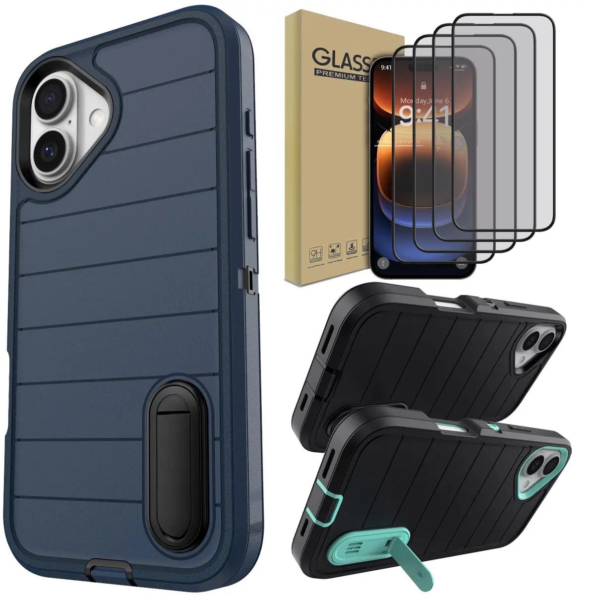 

For iPhone 16/Pro/Pro Max/Plus Case Kickstand Cover And 4pcs Full Coverage Tempered Glass Screen Protectors Case Friendly Clear