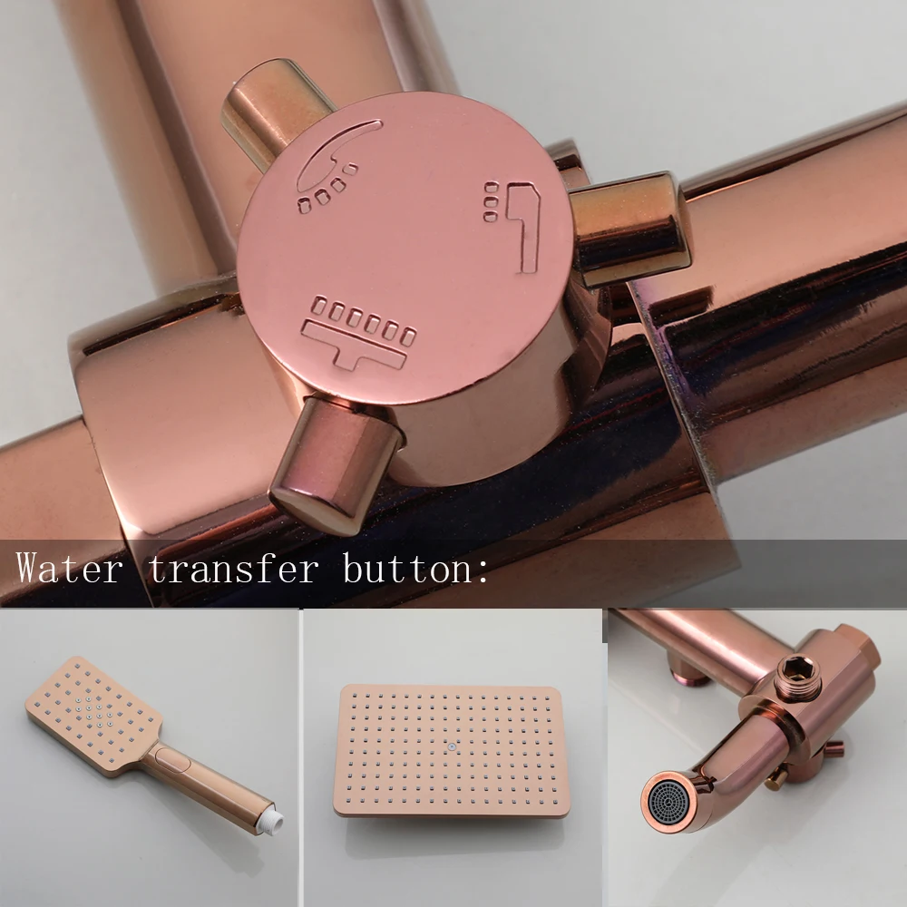 ZAPPO Solid Brass Rose Golden Shower Faucet Set Pink Bathroom Bathtub Mixer Rainfall Spray Hand Square Shower Shower Facuets