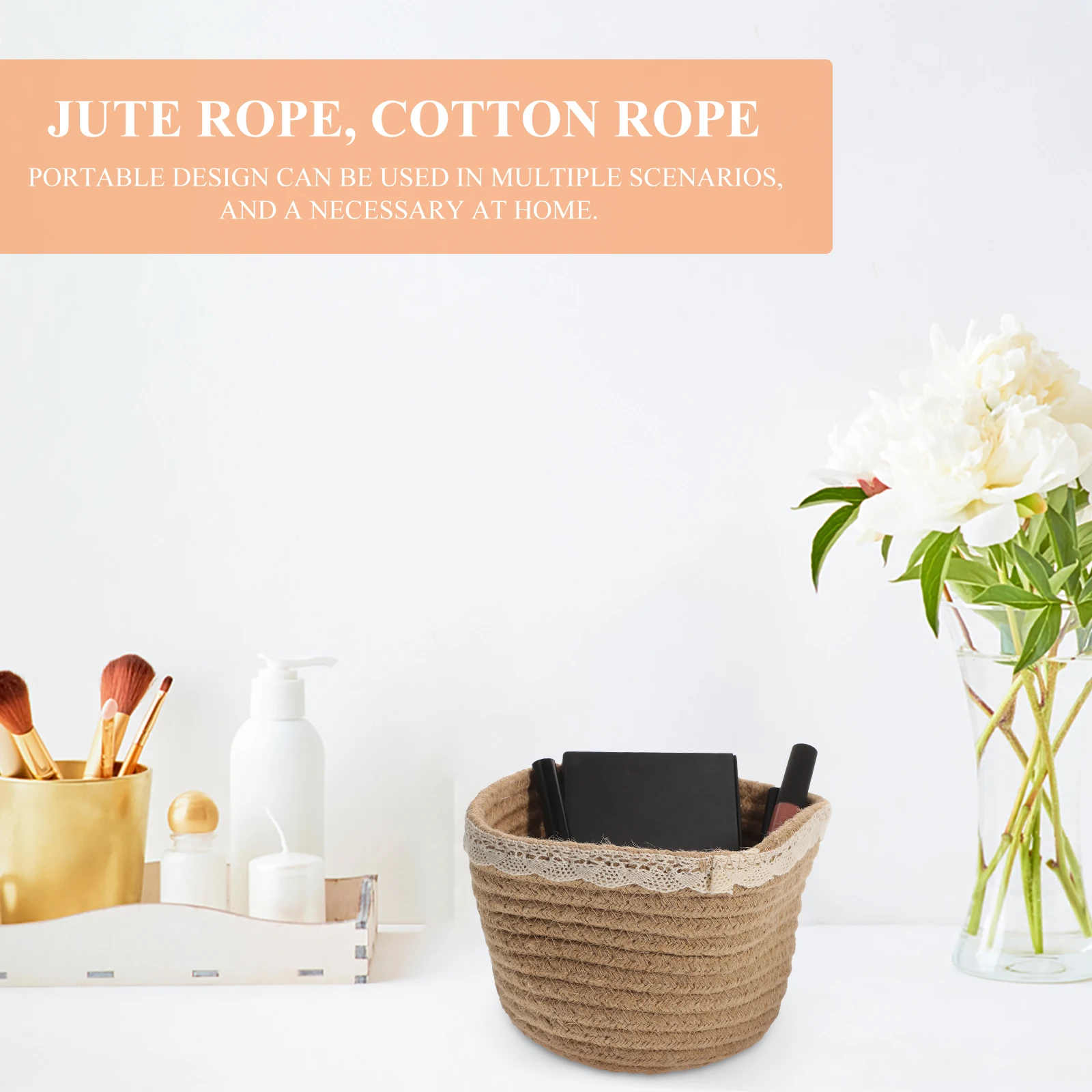 

Hand Woven Organizer Basket for Storage Rack Desktop Decorative Rope BasketsToy Bathroom Key Magazine Toiletries Concealment