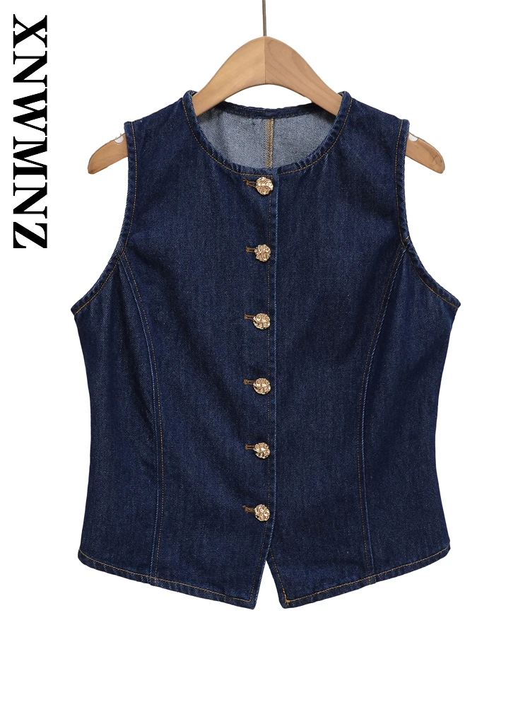

XNWMNZ 2025 Summer Woman Chic Casual Single-breasted Sleeveless Denim Waistcoat Fashion Vintage Woman's Blue O-Collar Simple Top