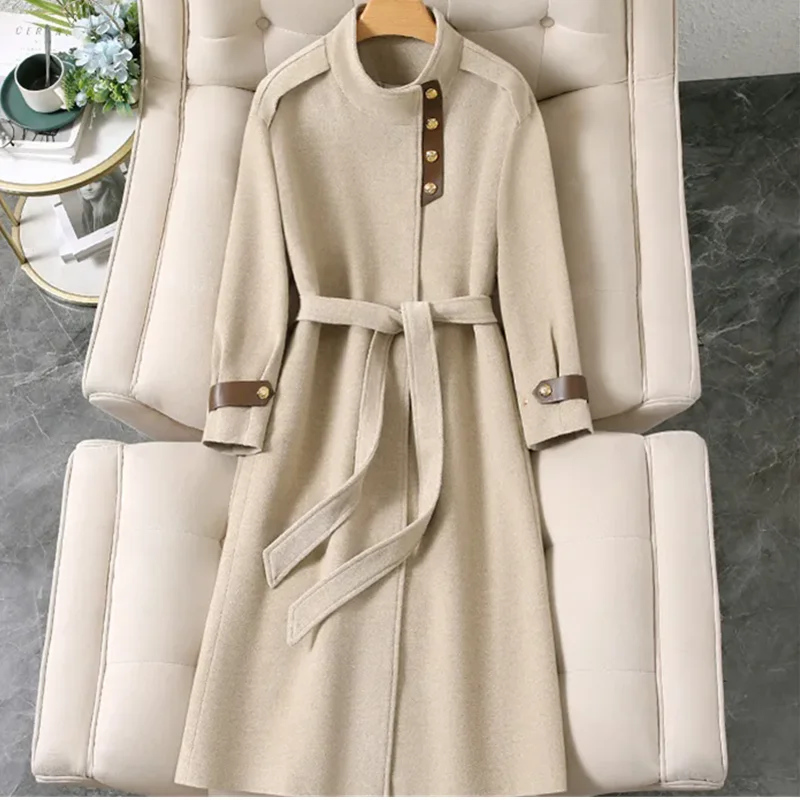 

2025 New Autumn Winter Wool Woolen Coat Women Overcoat Belt Wool Jackets Female Long Stand Collar Windbreaker Outwear