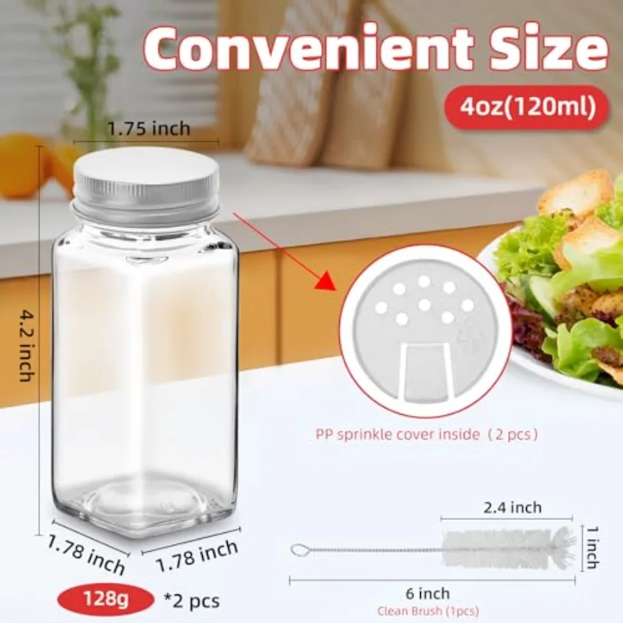 2Pcs 4oz Glass Spice Jars with Shaker Lids, Spice Jars Trial Set and Supplement Set, Empty Spice Containers and Square Spice Bo view 2