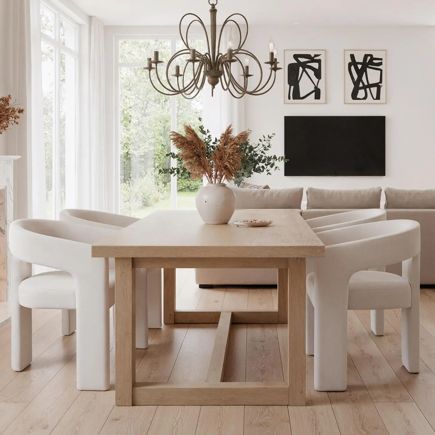 Modern Linen Barrel Dining Chair Set Ivory, Customized