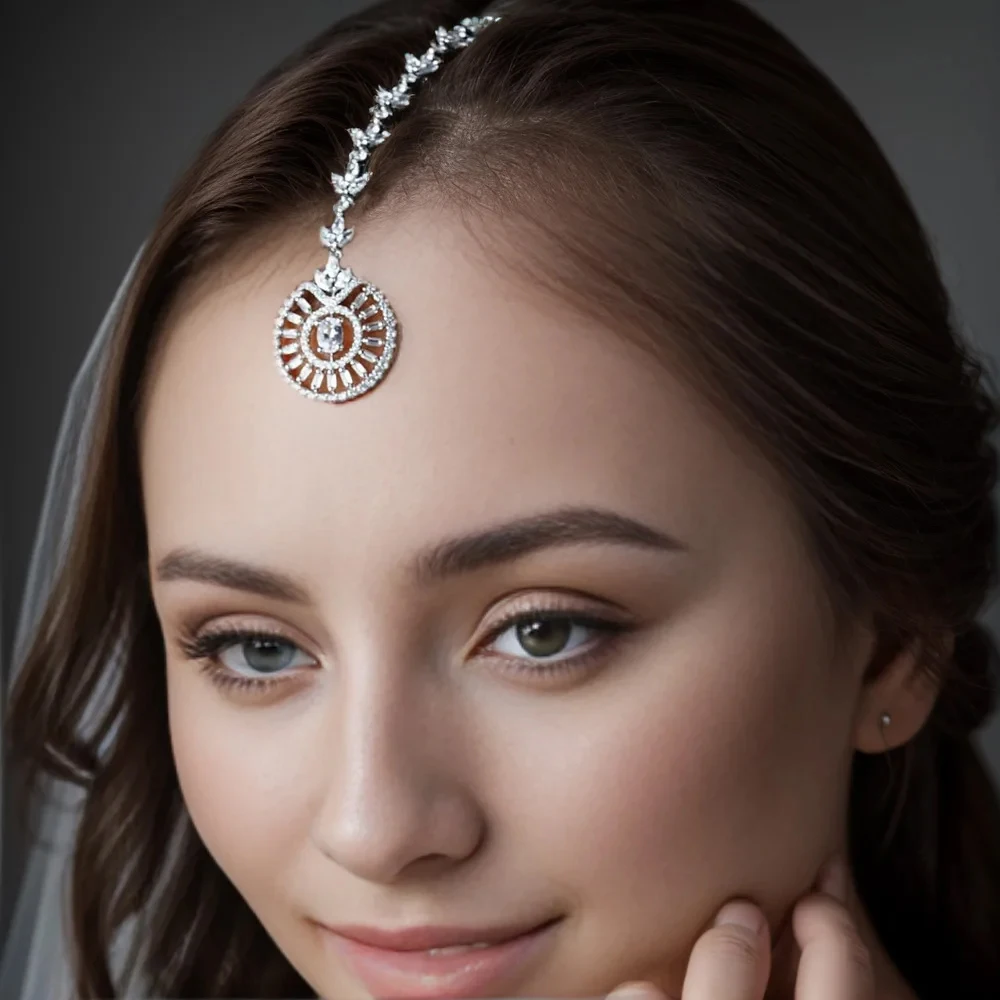 Elegant Bridal Round Zircon Forehead Chain Headpiece Tiara Jewelry Women Charm Leaves Crystal Headband Hair Chain Wedding Gift