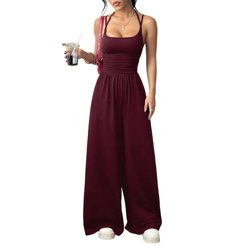 

Women's Light Blue Sleeveless Spaghetti Strap Ruched Waist Wide Leg Jumpsuit Casual Loungewear Summer Romper