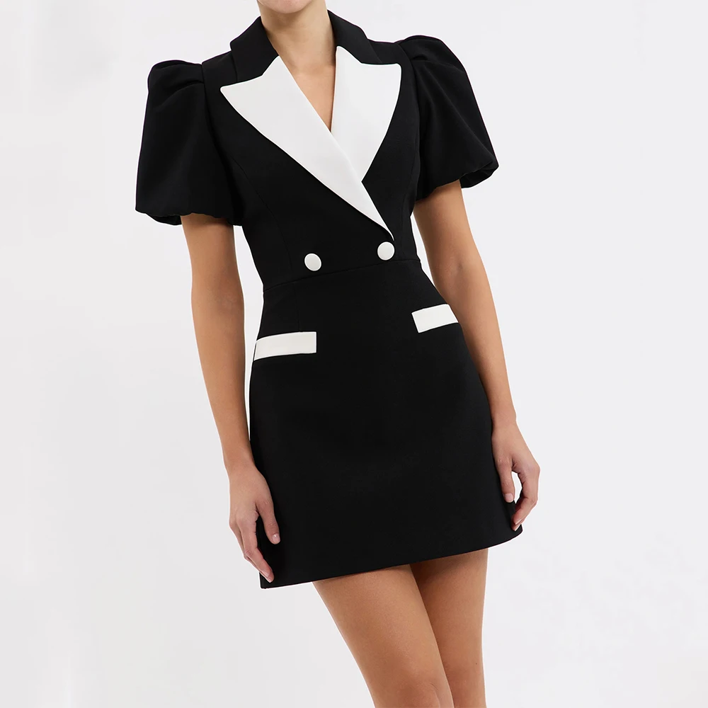 

Customized Modern Cocktail Dress Mini Column V Neck Puffy Sleeves Women's Cocktail Gowns Short Buttons White Black Party Dresses