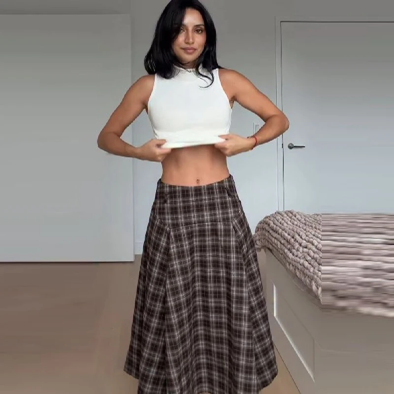 Fashion Vintage Plaid Midi Skirt Casual Flowy Women Skirts Chic Versatile Autumn Daily Stylish Ladies Street Outfit