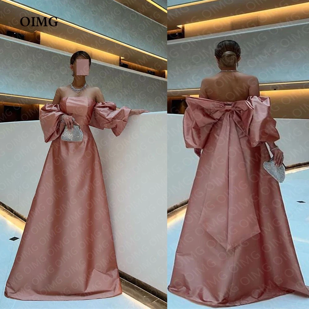 

OIMG Nude Pink Color Satin Long Saudi Arabic Women Formal Evening Dresses Off Shoulder Back Bow Long Robes Outfit Prom Gowns