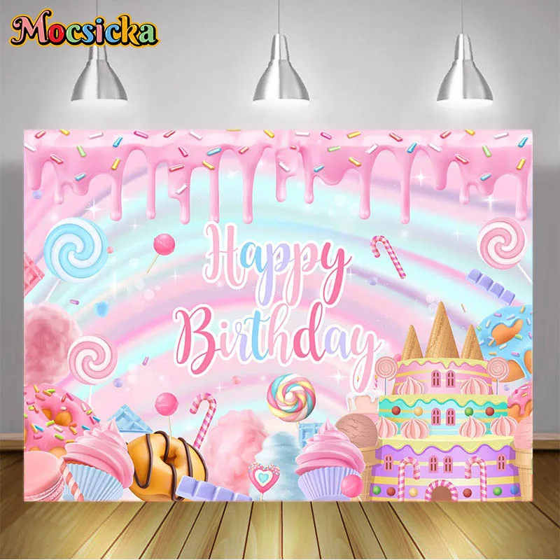 Candy Paradise พื้นหลังวันเกิดแบนเนอร์ Lollipop Ice Cream ฉากหลังทารกแรกเกิดการถ่ายภาพ Portrait Photo Studio Props