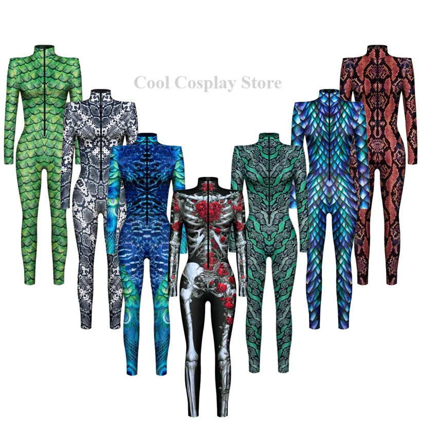 

Halloween Women Animal Scales Costumes Peacock Feather Snake Skin Punk Gothic Sexy Slim Jumpsuit Cosplay Carnival Party Bodysuit