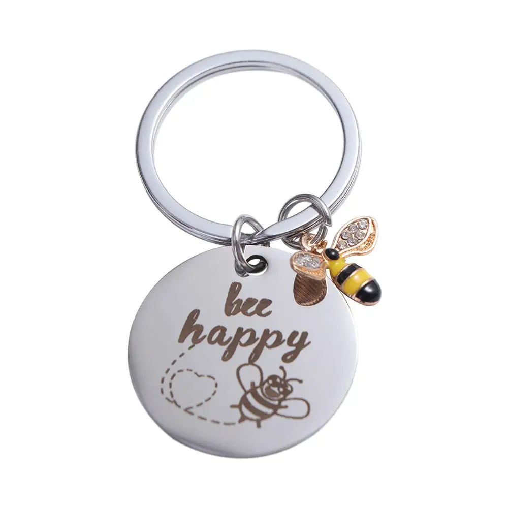 Metal Bee Happy Key Chain with Letters DIY Stainless Steel Key Ring Durable Popular Letters Round Pendants Inspirational Gift