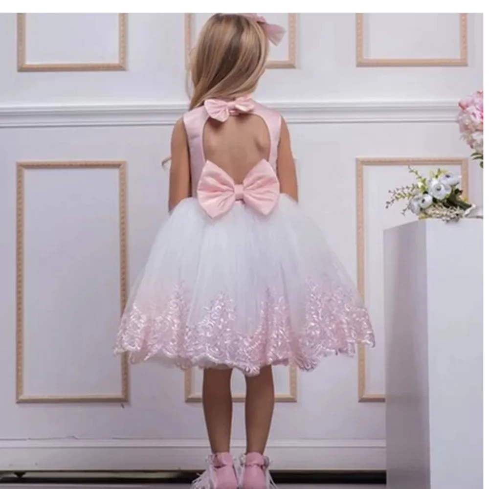 

Sleeveless Leaky Back Printing Bowtie Princess Flower Girl Dress Wedding Party Ball First Communion Dresses Dream Kids Gift