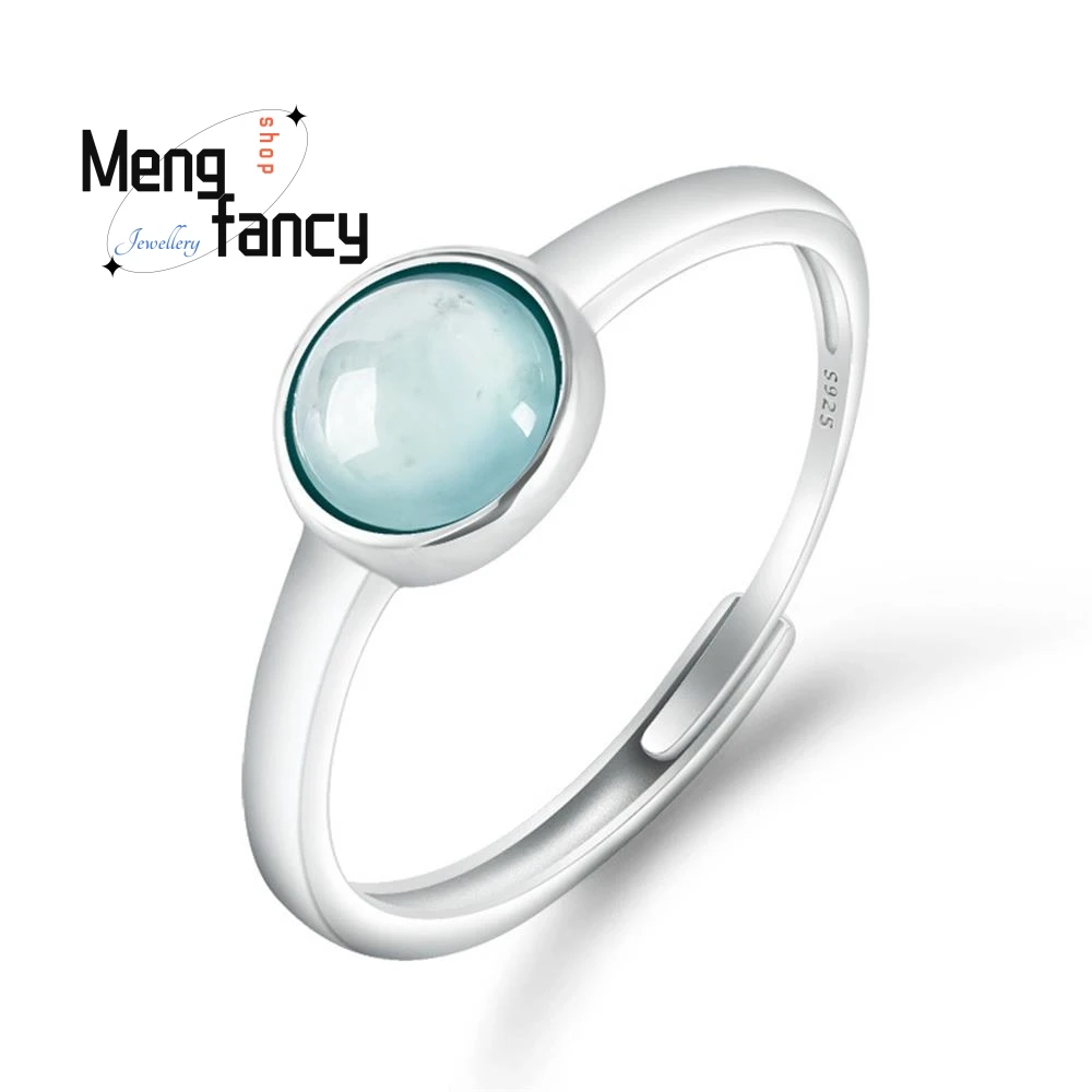 

High-grade S925 Silver Inlaid Natural A-goods Jadeite Blue Water Ice Jade Adjustable Ring Couple Sexy Young Girls Luxury Jewelry