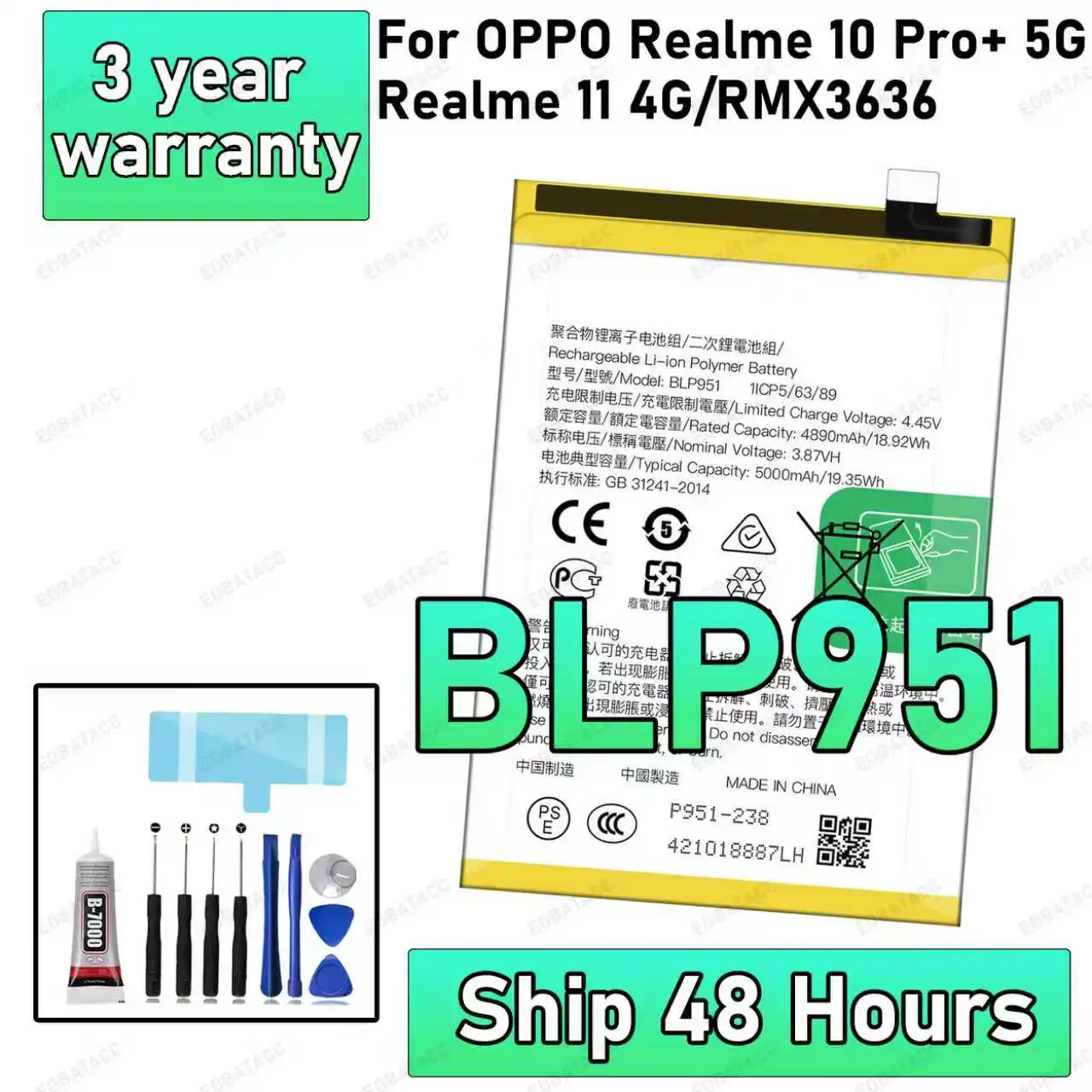 

100% New High Quality BLP951 Battery For OPPO Realme 10 pro + 5g/realme 11 4g/RMX3636 Replacement Battery Bateria+Free Tools