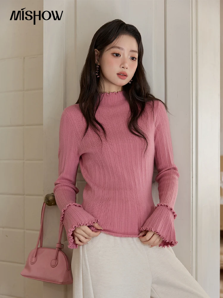 

MISHOW женский топ с длинными рукавами, осень 2022, новая повседневная однотонная водолазка, тонкий вязаный топ с деревянными ушками и рукавами-трубой MXE51Z2552