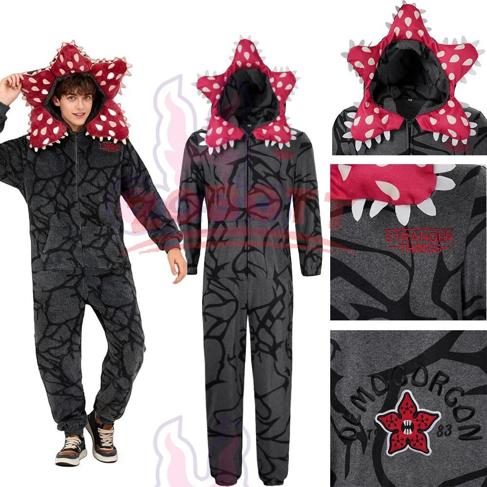 Weihnachts-Stranger-Pyjama mit Demogorgon-Pflanzen-Design – Einteiler für Erwachsene mit gemütlichem Flanell-Kostüm, Flanell-Hallowe-Anzug für den Urlaub