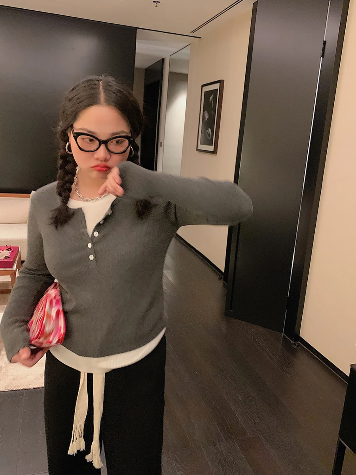 

Dazi Gold Branch Knitted Sweater Women's Slim Fit Base Layer irt Korean Sle Gentle Wind False Two-Piece Set Autumn Winter