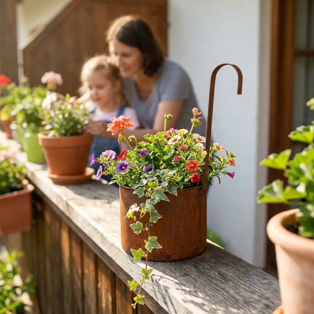 Handcrafted Wall Hanging Flower Bucket Antique Styles Rusted Iron Hanging Flowerpot Weather-Resistant Unique Metal Plant Hangers