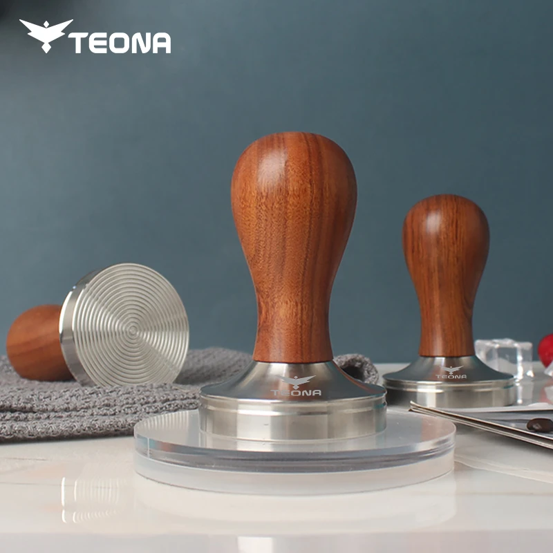 TEONA Coffee Tamper Stainless Steel 51mm 53.3mm 58mm Tamper Coffee Powder Tampers Wood Handle For 51/54/58mm Portafilter