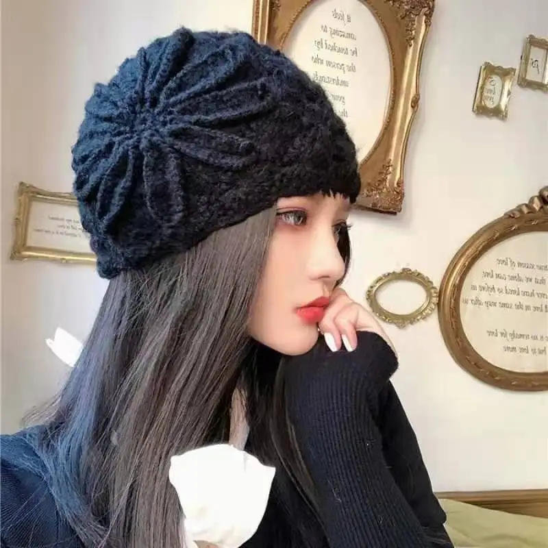 Elegant Knitted Hat Winter Women French Fashion Embroidery Cap Autumn Flower Hollow Out Crochet Wool Hat Retro Japanese Beanies