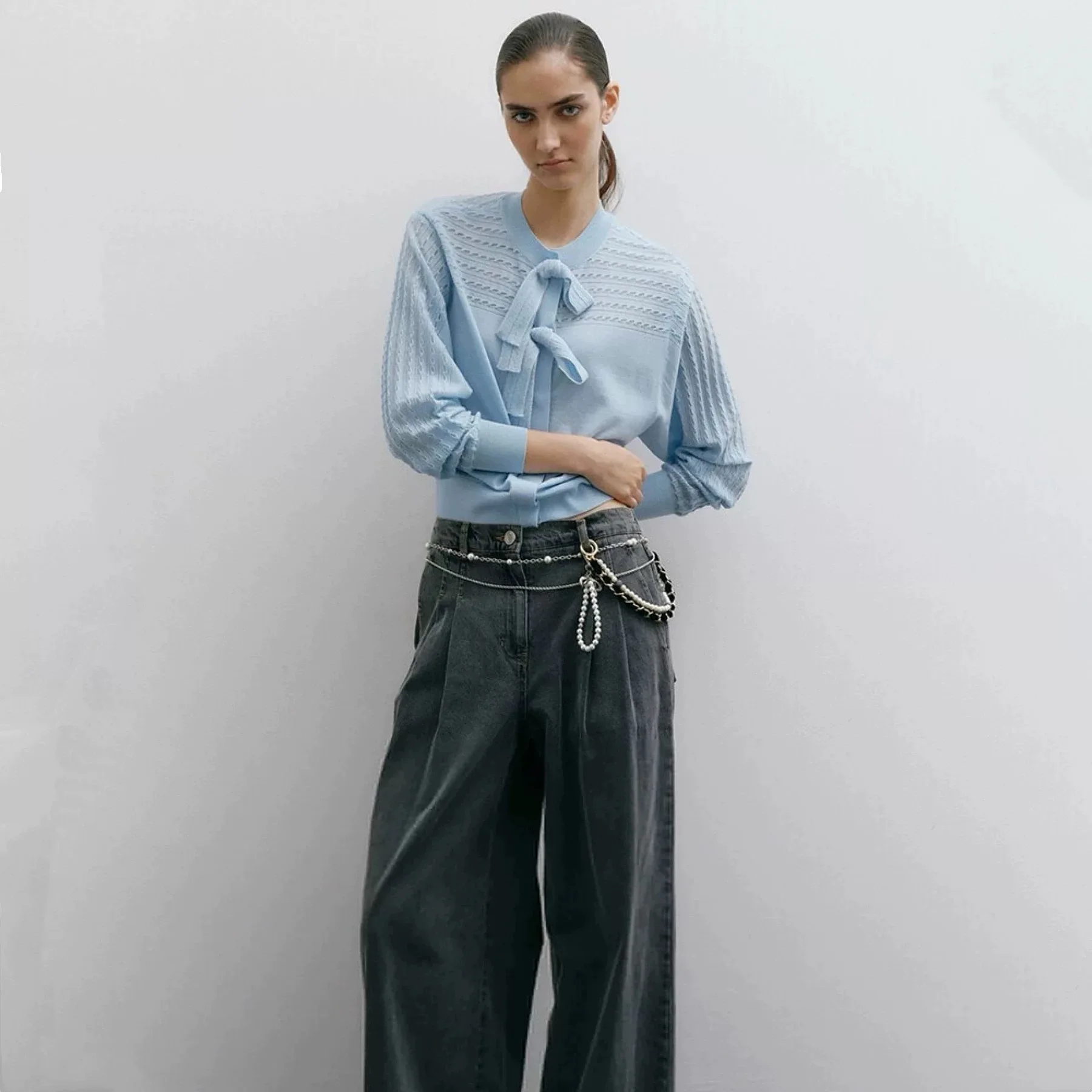 

Женский вязаный свитер NingYao Spring с круглым вырезом, эластичный, облегающий, с ажурным узором, для повседневной носки, с длинными рукавами