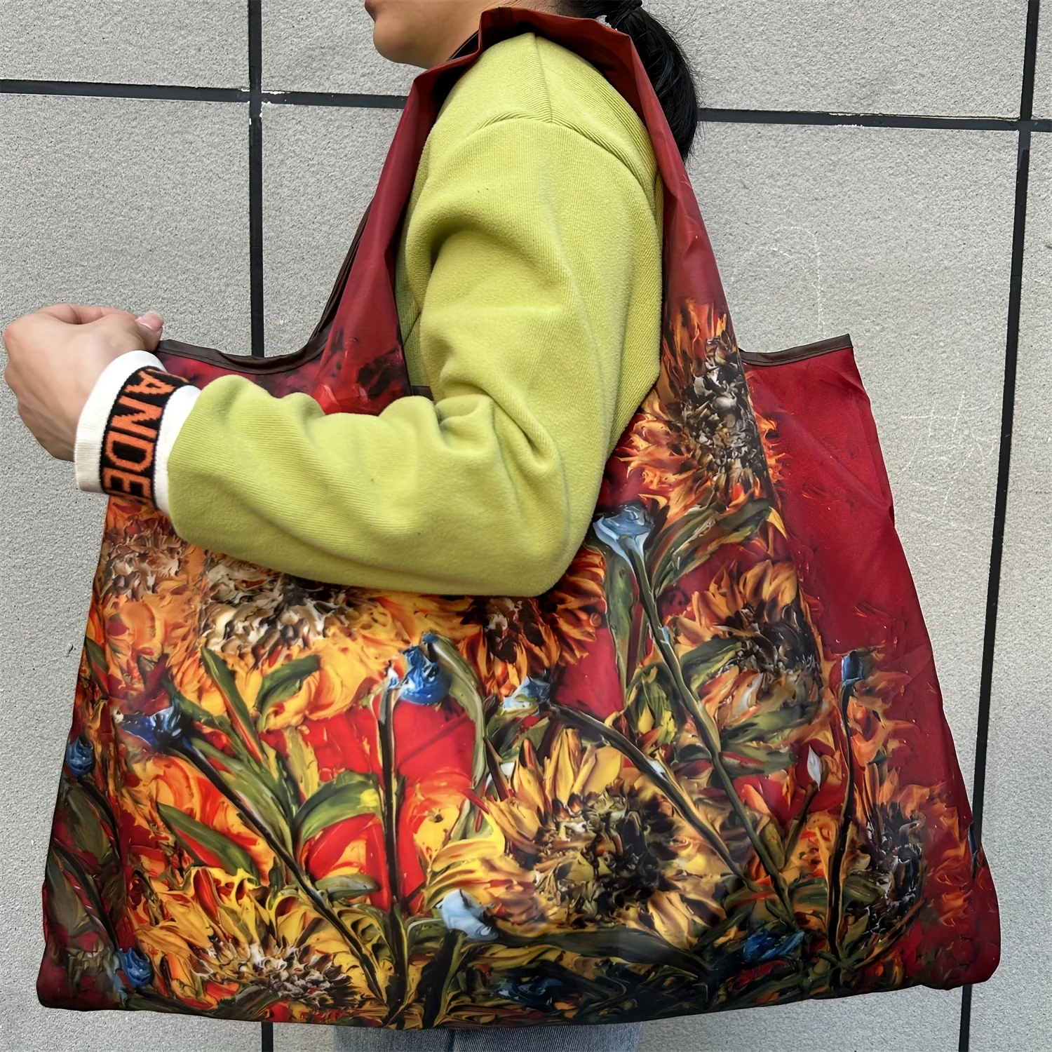 Fashion Oil Painting Style Sunflower Shopping Bag Grocery Store Foldable Large Handheld Shoulder Bag Women's Tote Bag Handheld