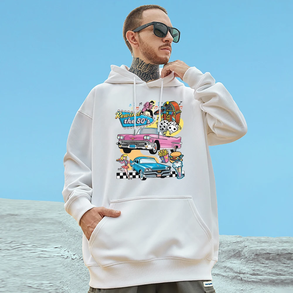 Rewind The 50's Automobile And Entertainment Mens Cotton Long Sleeves Fashion Vintage Pullovesr Fleece Trend Pocket Male Hoodies