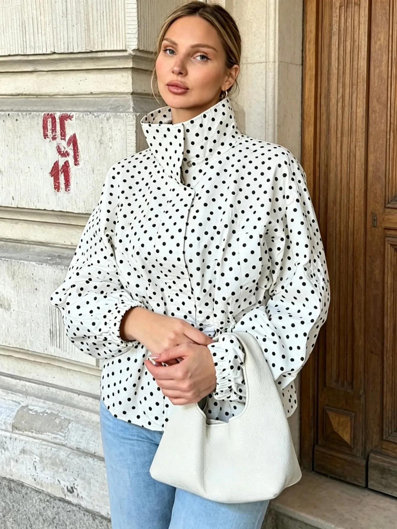 Women's White Polka Dot Loose-Fitting Stand-Collar Zip-Up Casual Jacket, Long Sleeves, Cinched Waist Design, with Pockets