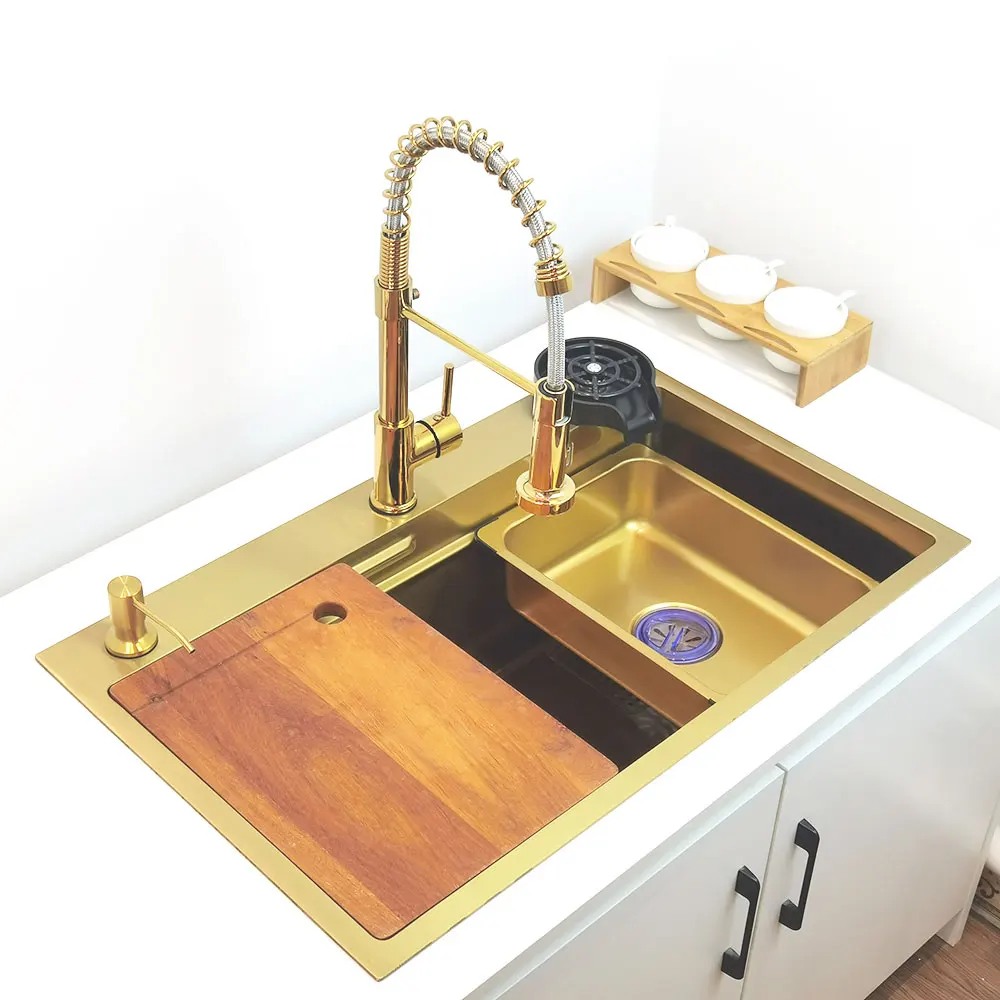 Imagem -05 - Faucet Anti-risco para Cozinha Torneira de Cachoeira de Ouro Lavatório de Tigela Única Aço Inoxidável Pia de Cozinha Funções Dourado Nano