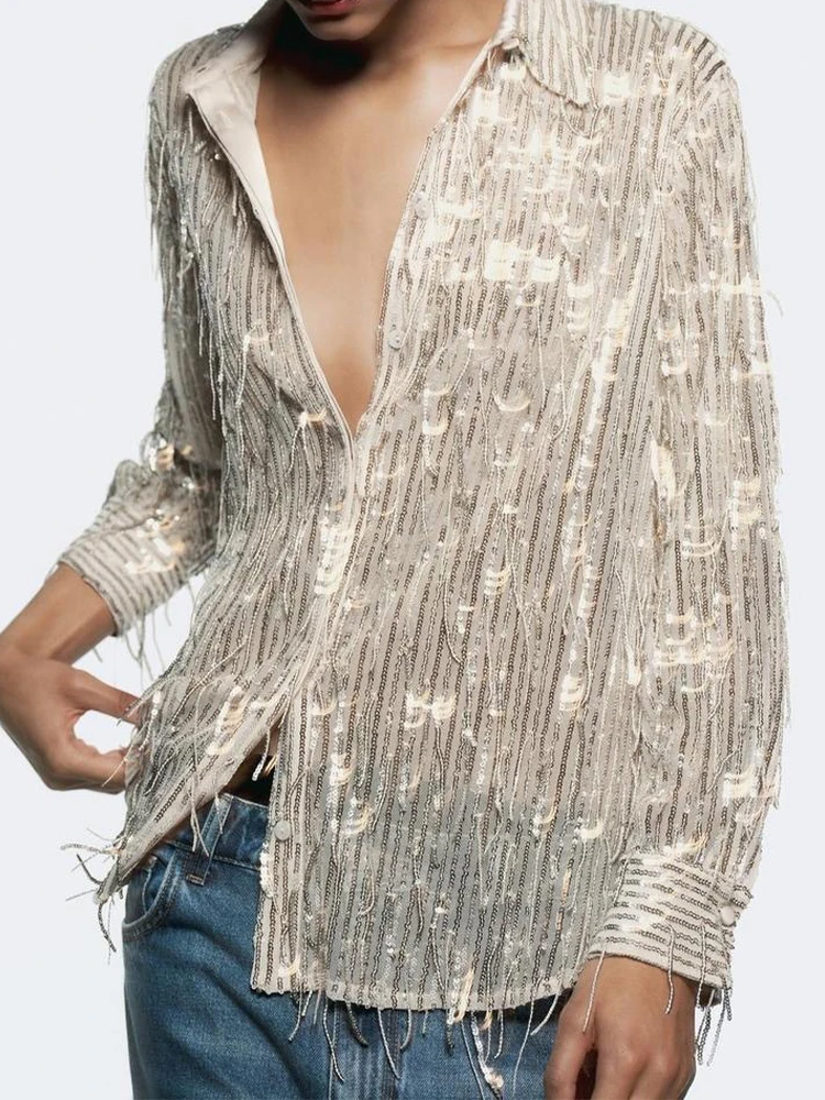 

European and American style 2024 autumn and winter new products women's clothing versatile sequin tassels long-sleeved lapel shi