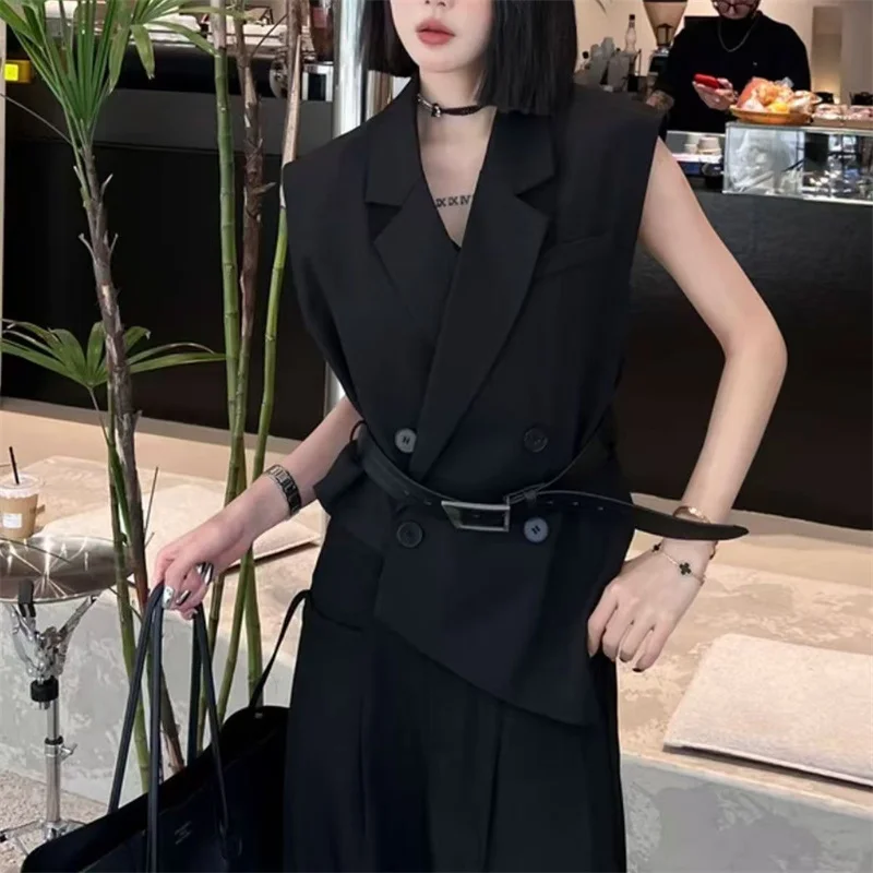 Korean Ladies Solid Color Suit Sleeveless Jacket Autumn Women Casual Waistcoat Coat Spring Femme Fashion Irregular Vest Outwear