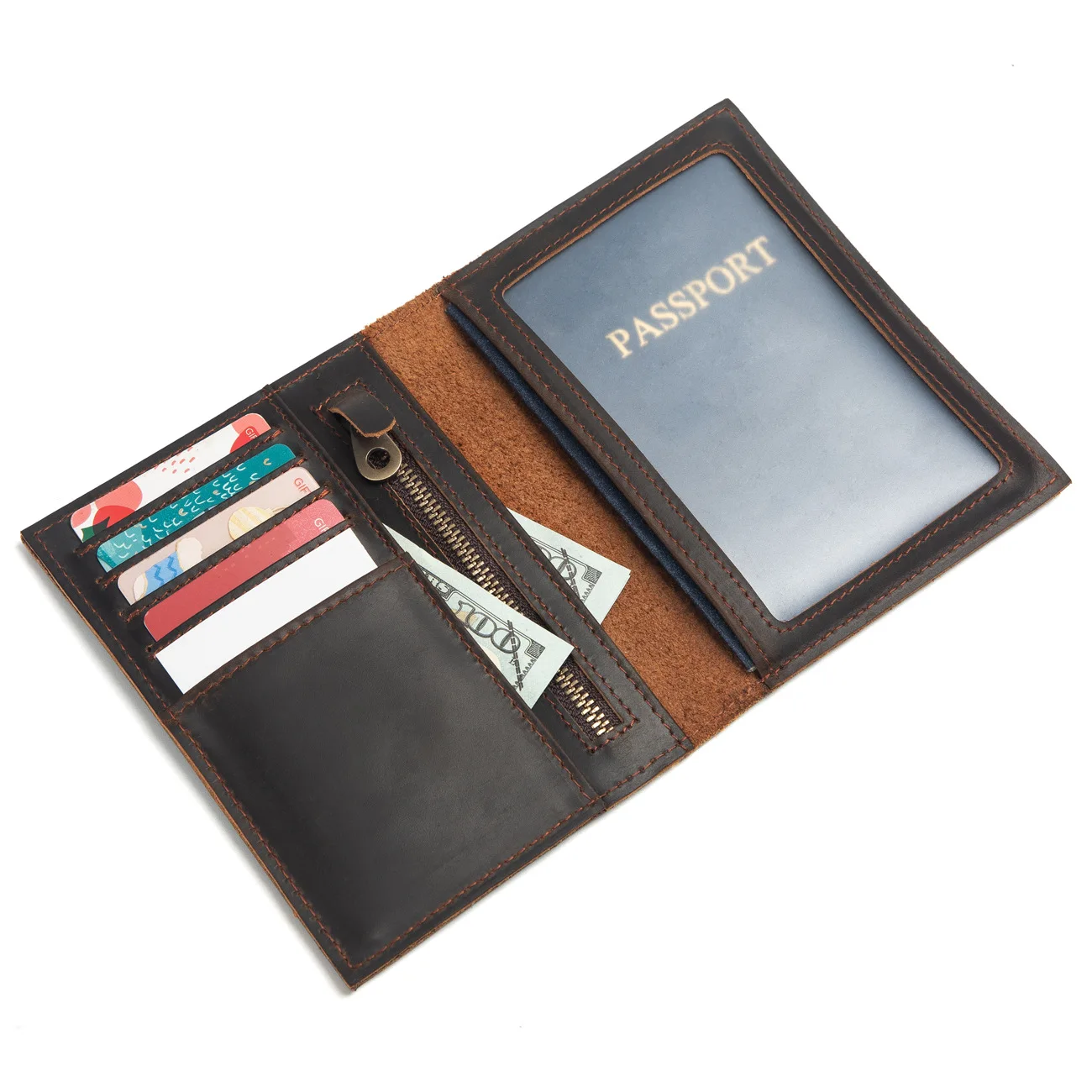 

Минималистичный кожаный кошелек для паспорта - Двухслойный держатель для паспорта с карманом на молнии, органайзер для проездных документов для бизнеса и путешествий
