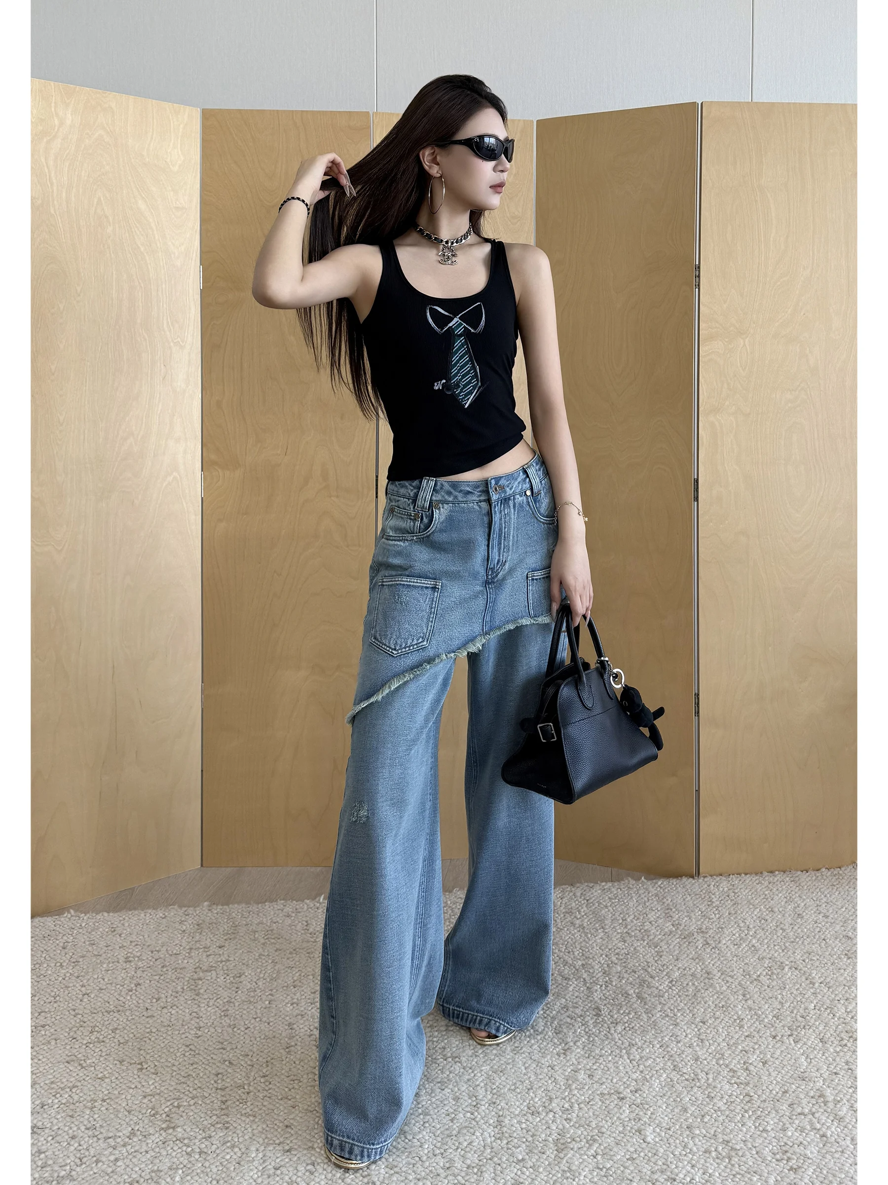 

Джинсы NancyCavally Street Style винтажные широкие с текстурой, из хлопка, с Y-образным узором, асимметричные, с высокой талией, для женщин