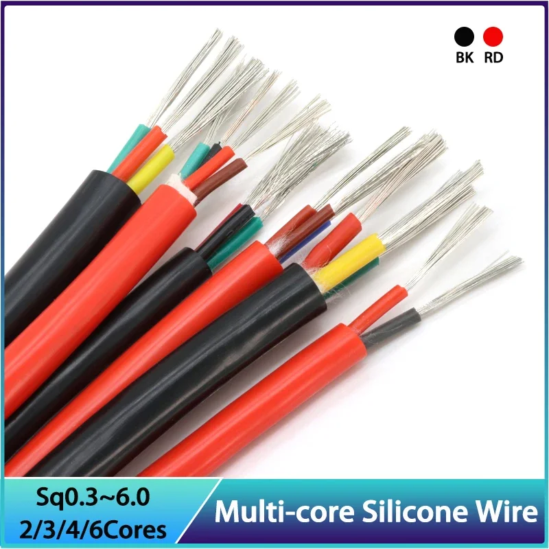 1/3/5M Silicone Rubber Cable Sq 0.3 0.5 0.75 1 1.5 2 2.5mm x 2 3 4 6 Cores Insulated Flexible Copper High Temperature Wire