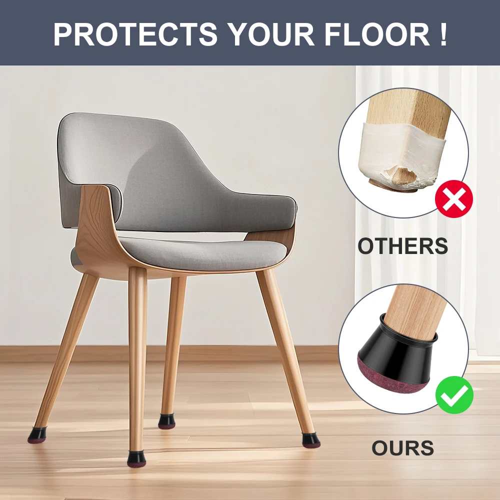 Round Chair Leg Floor Protectors, Black Silicone Furniture Leg Caps with Wrapped Felt 16 Pcs XS Pads, Anti-Scratch