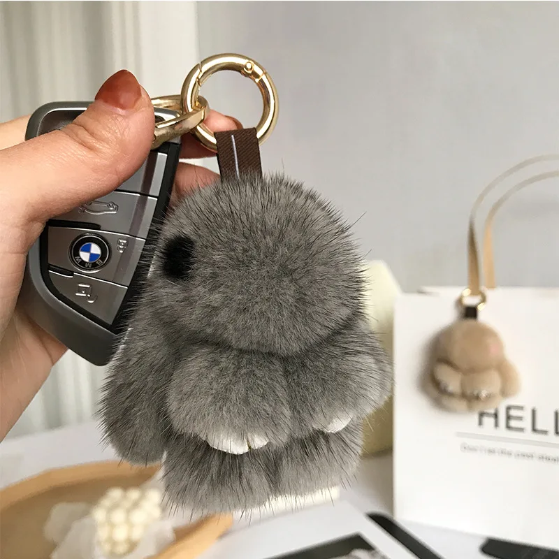 Mini Real Mink Fur Keychain para Meninas, Coelho de pelúcia bonito, Saco Car Key Keyring, Pompon Pendant Acessórios, Venda quente, Novo, 8cm