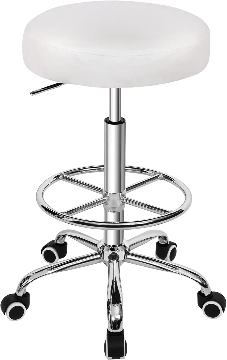 

Round Rolling Stool With Footrest And Wheels, Easy Assembly Pu Leather Height Adjustable Drafting Swivel Chair For Spa Salon,