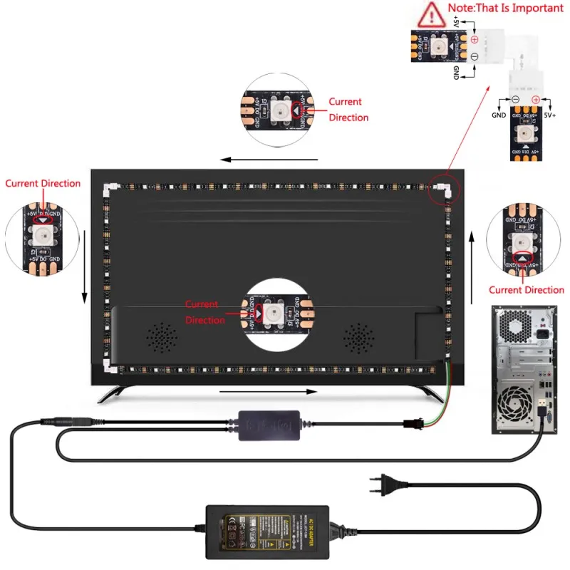 WS2812B DIY Ambient PC Dream Screen Addressable LED Strip Computer Monitor Backlight USB SP616E Bluetooth&Music Controller