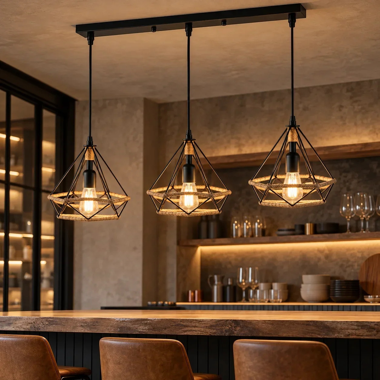 JOYINLED 3 Light Linear Pendant Light, Industrial Vintage Hemp Rope Chandelier, Geometric Cage Hanging Light for Kitchen Island