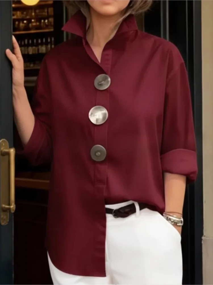 Atasan Kemeja Longgar Polos Kasual Wanita Kemeja Kerah Mode Musim Semi Musim Panas Blus Lengan Panjang Atasan Kancing Logam Blus Wanita Kantor
