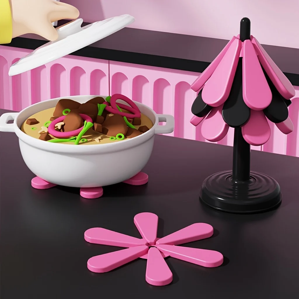 A Set Of 3 Cute Pink Multifunctional Silicone Pot Holders, Round Solid Color, Hand Washed Only, Used For Christmas Tree