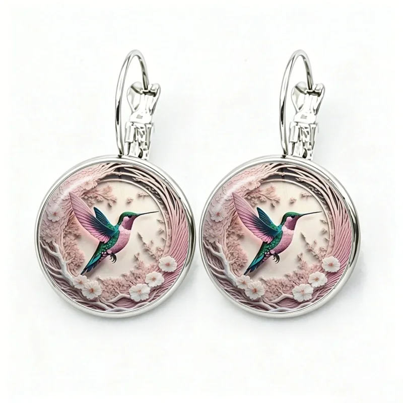 Cute Round Hummingbird Glass Cabochon Bird Rainforest French Hook Earrings Drop Earrings Jewelry Accessories Gifts